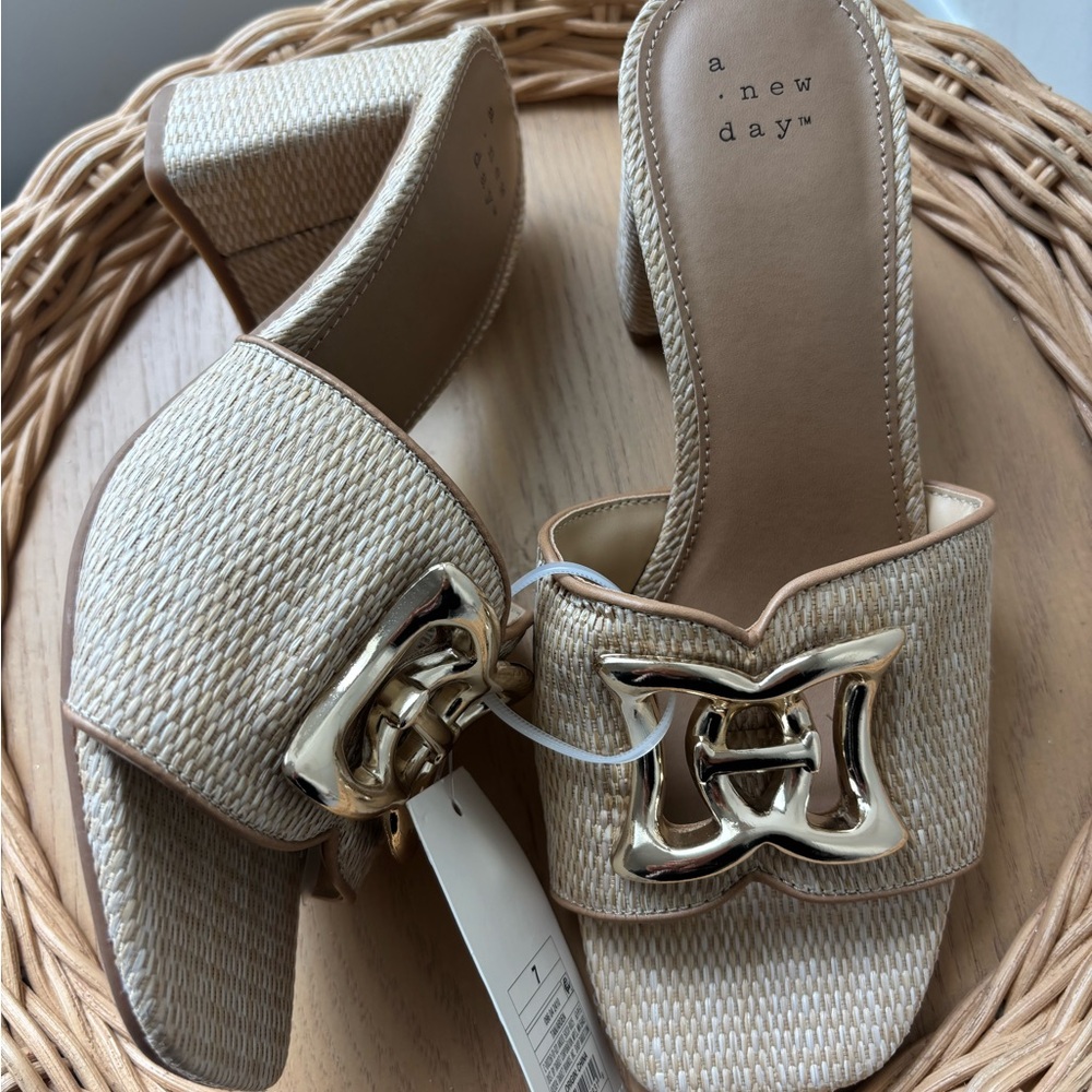 a new day Beige Woven Block Heel Mules with Gold Buckle